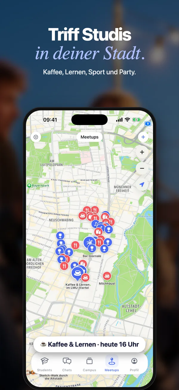 Karte mit Meetups in der Stadt. Text im Bild: Triff Studis in deiner Stadt. Kaffee, Lernen, Sport und Party.