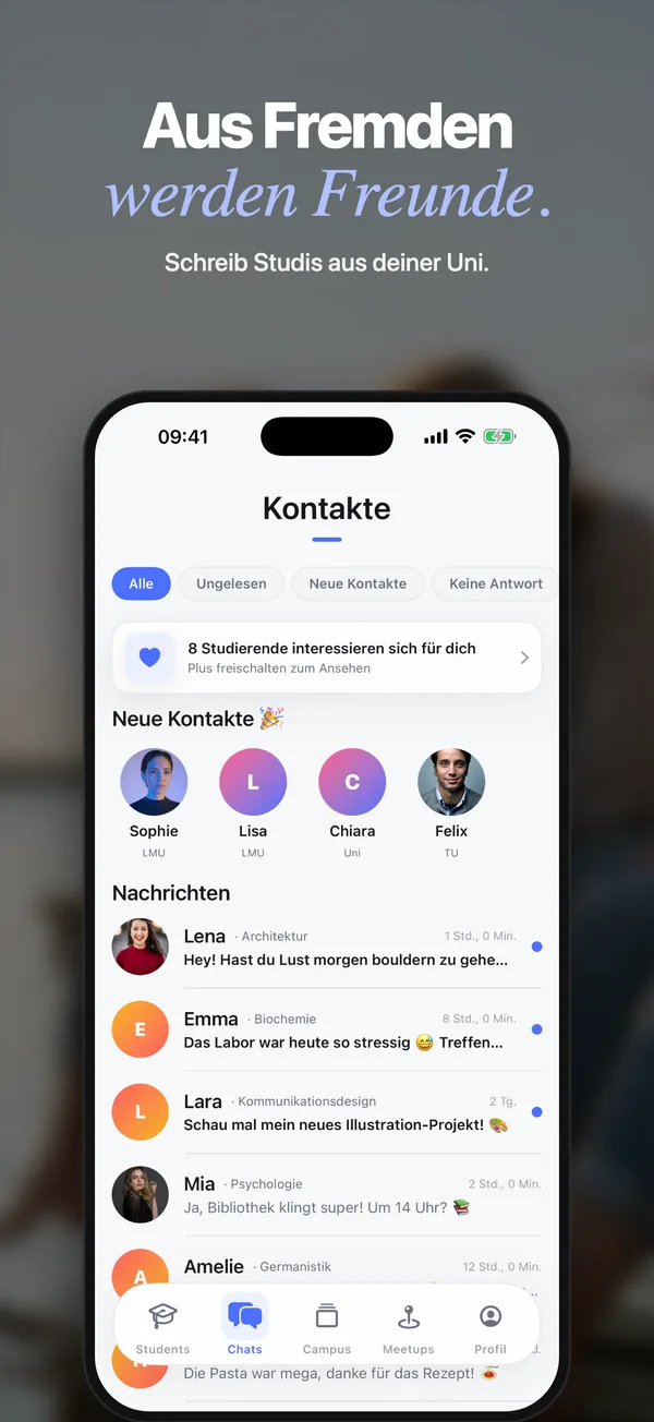 Chats mit neuen Kontakten. Text im Bild: Aus Fremden werden Freunde.