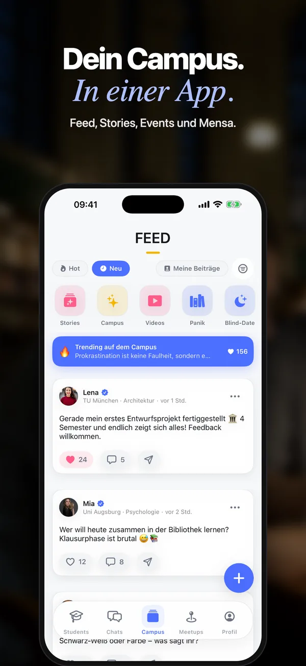 Campus Feed mit Beiträgen. Text im Bild: Dein Campus. In einer App.